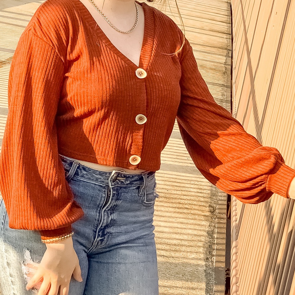 cropped orange button up sweater